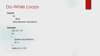 Do-While Loops
Format:
do
Body
while (Boolean expression);
Example:
char ch = 'A';
do
{
System.out.println(ch);
ch++;
}
while (ch <= 'K');
 
