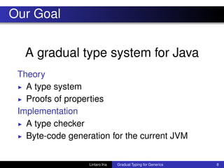 Our Goal
A gradual type system for Java
Theory
◮ A type system
◮ Proofs of properties
Implementation
◮ A type checker
◮ Byte-code generation for the current JVM
Lintaro Ina Gradual Typing for Generics 8
 
