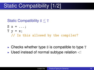 Static Compatibility [1/2]
Static Compatibility S T
S x = ...;
T y = x;
// Is this allowed by the compiler?
◮ Checks whether type S is compatible to type T
◮ Used instead of normal subtype relation <:
Lintaro Ina Gradual Typing for Generics 12
 