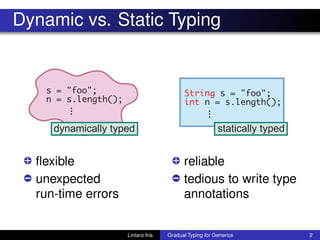 Dynamic vs. Static Typing
•+ ﬂexible
•- unexpected
run-time errors
•+ reliable
•- tedious to write type
annotations
Lintaro Ina Gradual Typing for Generics 2
 
