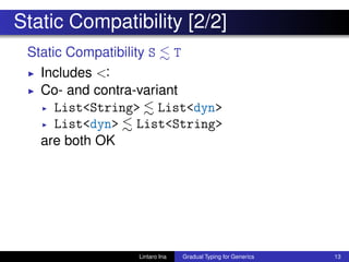 Static Compatibility [2/2]
Static Compatibility S T
◮ Includes <:
◮ Co- and contra-variant
◮ List<String> List<dyn>
◮ List<dyn> List<String>
are both OK
Lintaro Ina Gradual Typing for Generics 13
 