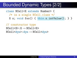 Bounded Dynamic Types [2/2]
class NCell<X extends Number> {
/* in a single NCell.class */
X x; void foo() { this.x.intValue(); } }
// constructor type
NCell<X>:X → NCell<X>
NCell<dyn>:dyn → NCell<dyn>
Lintaro Ina Gradual Typing for Generics 15
 