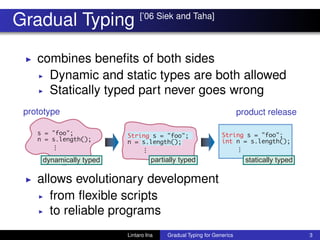 Gradual Typing [’06 Siek and Taha]
◮ combines beneﬁts of both sides
◮ Dynamic and static types are both allowed
◮ Statically typed part never goes wrong
prototype product release
◮ allows evolutionary development
◮ from ﬂexible scripts
◮ to reliable programs
Lintaro Ina Gradual Typing for Generics 3
 