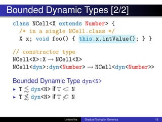 Bounded Dynamic Types [2/2]
class NCell<X extends Number> {
/* in a single NCell.class */
X x; void foo() { this.x.intValue(); } }
// constructor type
NCell<X>:X → NCell<X>
NCell<dyn>:dyn<Number> → NCell<dyn<Number>>
Bounded Dynamic Type dyn<N>
◮ T dyn<N> if T <: N
◮ T dyn<N> if T <: N
Lintaro Ina Gradual Typing for Generics 15
 