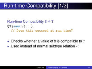 Run-time Compatibility [1/2]
Run-time Compatibility S :≺ T
T new S(...);
// Does this succeed at run time?
◮ Checks whether a value of S is compatible to T
◮ Used instead of normal subtype relation <:
Lintaro Ina Gradual Typing for Generics 17
 