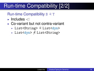 Run-time Compatibility [2/2]
Run-time Compatibility S :≺ T
◮ Includes <:
◮ Co-variant but not contra-variant
◮ List<String> :≺ List<dyn>
◮ List<dyn> :≺ List<String>
Lintaro Ina Gradual Typing for Generics 18
 