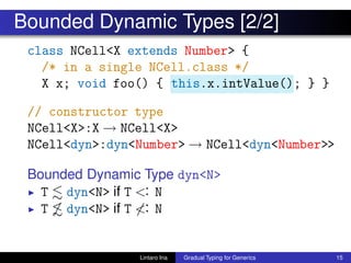 Bounded Dynamic Types [2/2]
class NCell<X extends Number> {
/* in a single NCell.class */
X x; void foo() { this.x.intValu...