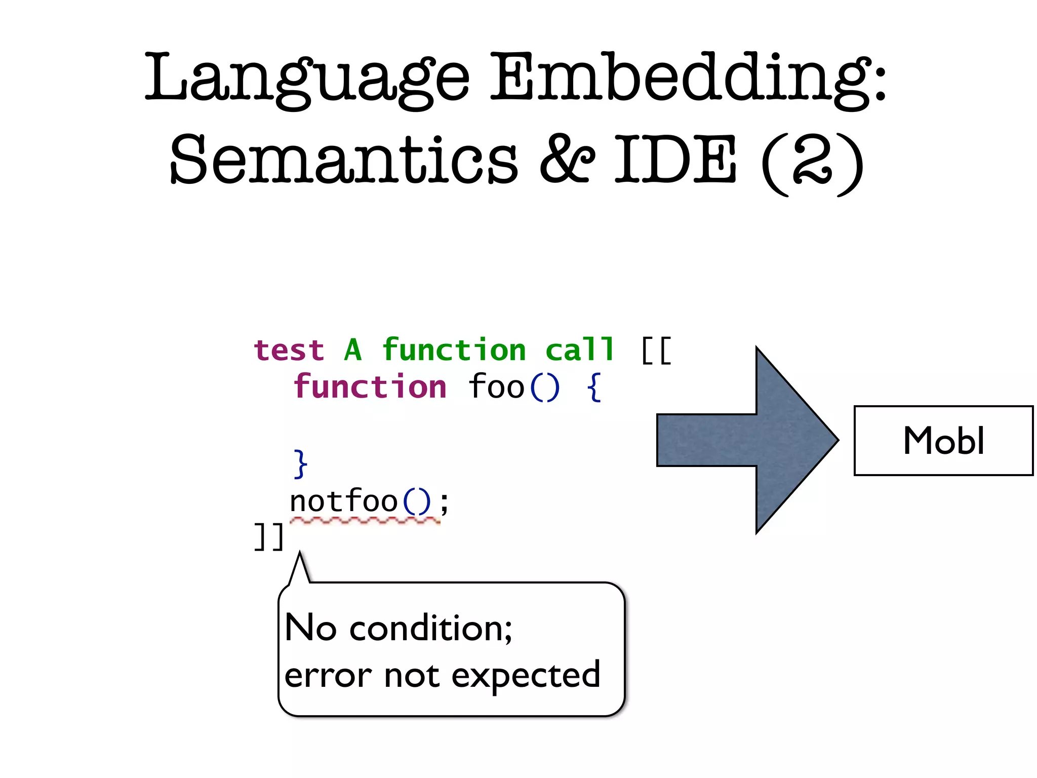Language Embedding: Semantics & IDE (2) test A function call [[ function foo() { Mobl } notfoo(); ]] No condition; error not expected 