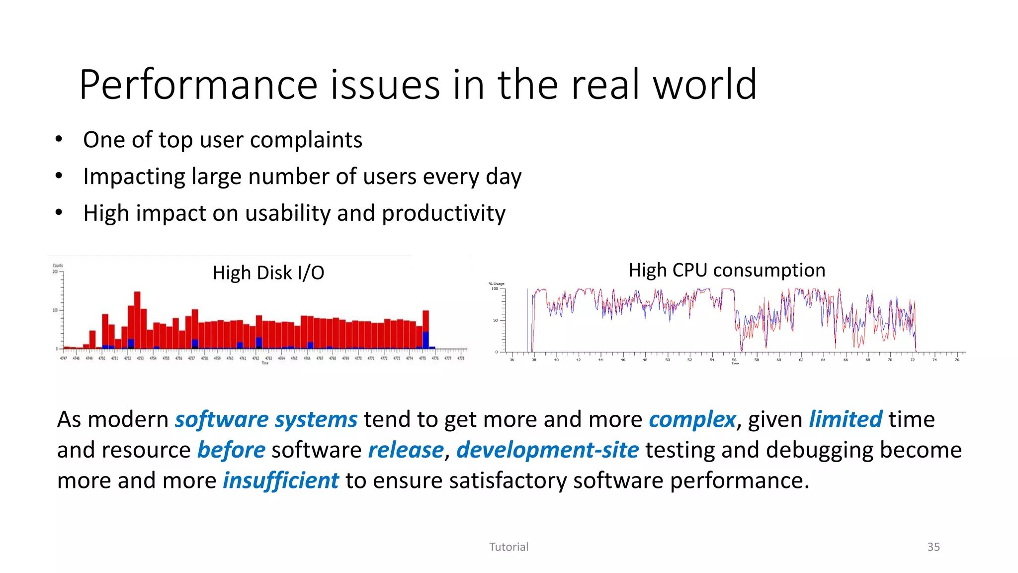 Performance issues in the real world
Tutorial 35
• One of top user complaints
• Impacting large number of users every day
• High impact on usability and productivity
High Disk I/O High CPU consumption
As modern software systems tend to get more and more complex, given limited time
and resource before software release, development-site testing and debugging become
more and more insufficient to ensure satisfactory software performance.
 