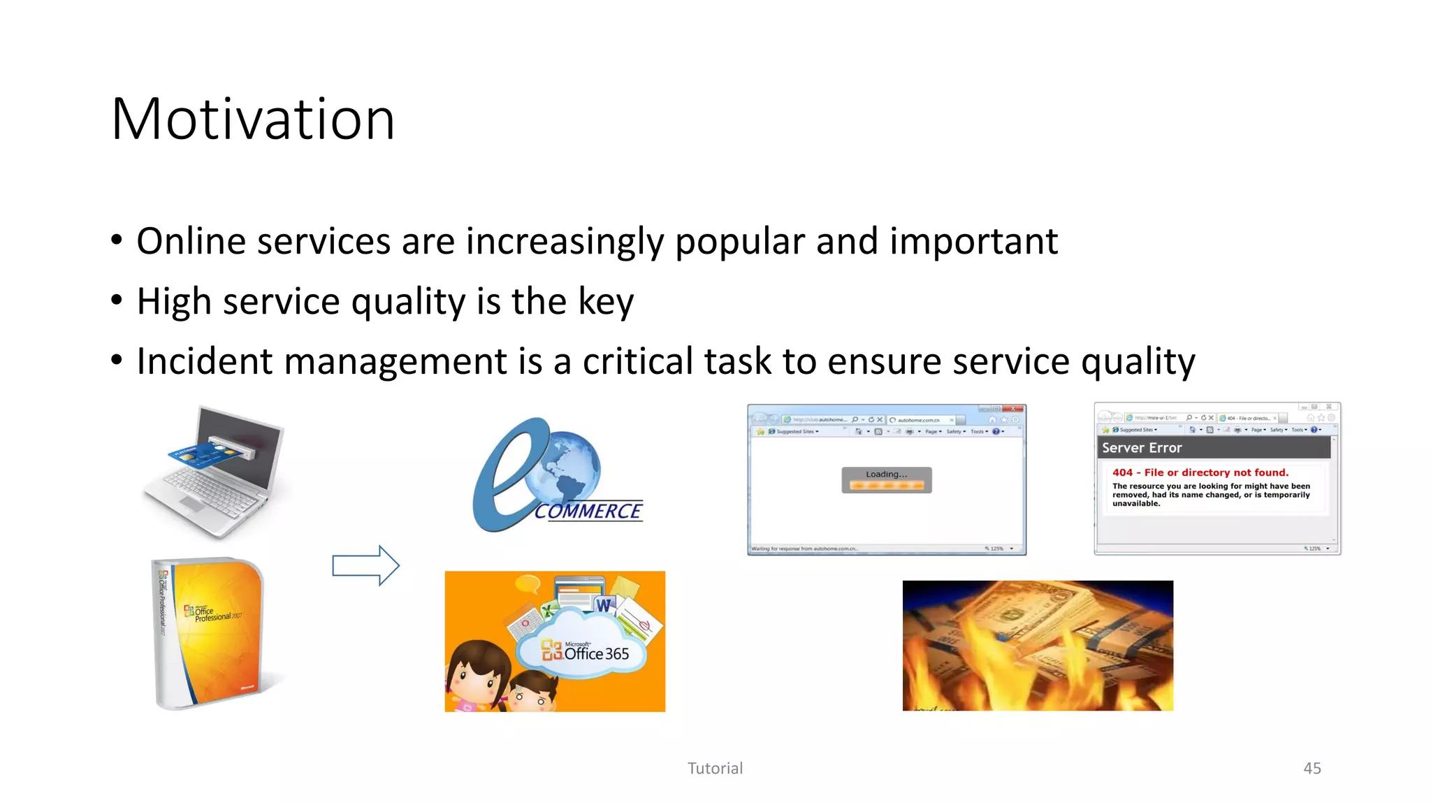 Motivation
• Online services are increasingly popular and important
• High service quality is the key
• Incident management is a critical task to ensure service quality
Tutorial 45
 