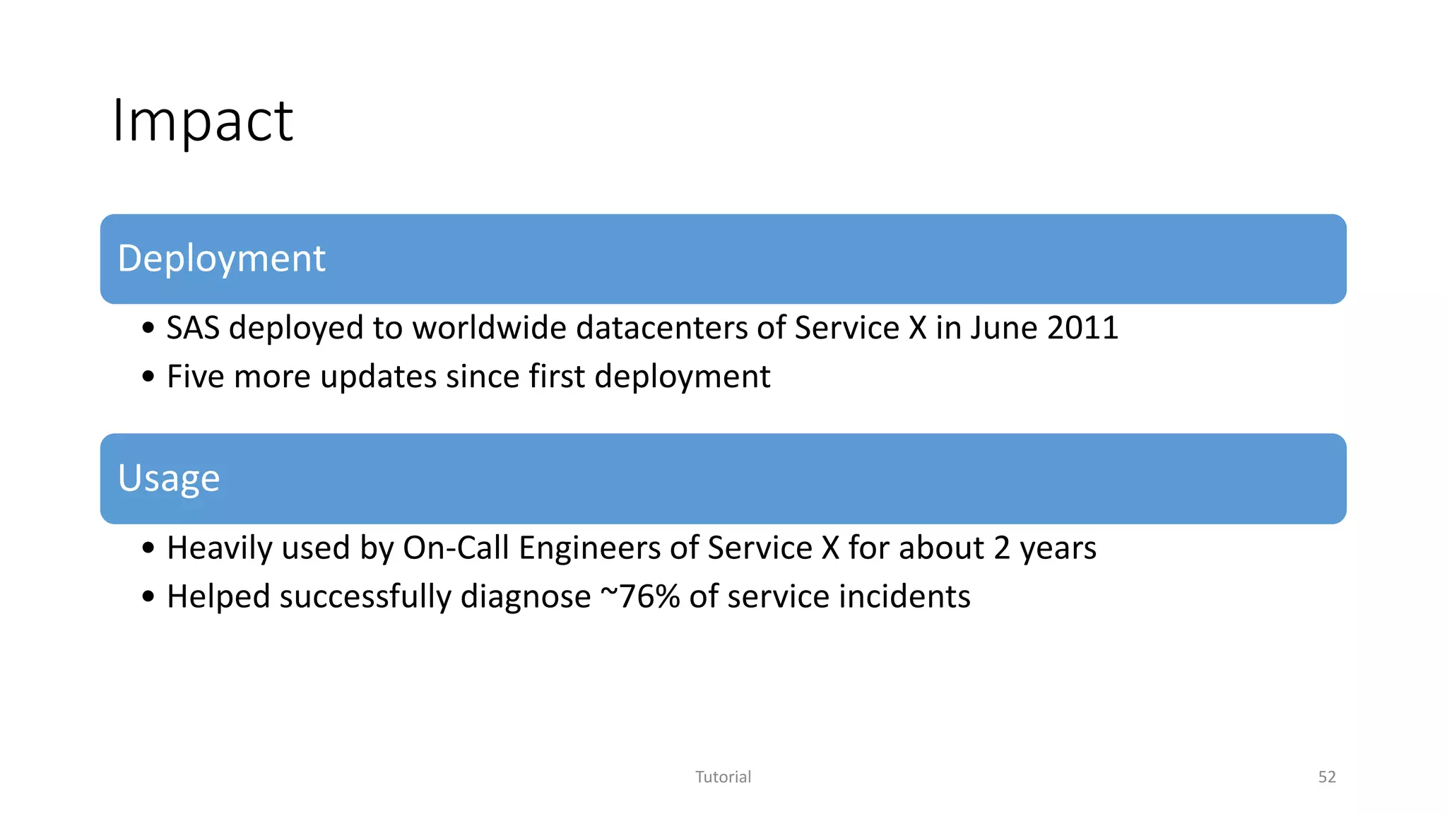 Impact
Deployment
• SAS deployed to worldwide datacenters of Service X in June 2011
• Five more updates since first deployment
Usage
• Heavily used by On-Call Engineers of Service X for about 2 years
• Helped successfully diagnose ~76% of service incidents
Tutorial 52
 