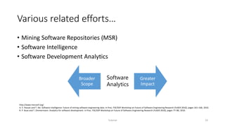 Various related efforts…
• Mining Software Repositories (MSR)
• Software Intelligence
• Software Development Analytics
Tutorial 19
Broader
Scope
Greater
Impact
Software
Analytics
http://www.msrconf.org/
A. E. Hassan and T. Xie. Software intelligence: Future of mining software engineering data. In Proc. FSE/SDP Workshop on Future of Software Engineering Research (FoSER 2010), pages 161–166, 2010.
R. P. Buse and T. Zimmermann. Analytics for software development. In Proc. FSE/SDP Workshop on Future of Software Engineering Research (FoSER 2010), pages 77–80, 2010.
 