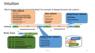 Tutorial 40
Intuition
CPU sampled callstack
ntdll!UserThreadStart
…
Ntdll!WorkerThread
…
ole!CoCreateInstance
…
ole!OutSerializer::UnmarshalAtIndex
ole!CoUnmarshalInterface
…
What happens behind a typical UI-delay? An example of delayed browser tab creation -
ReadyThread
Callstacks
Wait
Callstacks
CPU Sampled
Callstacks
CPU Wait Ready CPUWaitCPUUI thread Ready
Time
Wait callstack
ntdll!UserThreadStart
Browser! Main
…
ntdll!LdrLoadDll
…
nt!AccessFault
nt!PageFault
…
Wait callstack
ntdll!UserThreadStart
Browser! Main
…
Browser!OnBrowserCreatedAsyncCallback
…
BrowserUtil!ProxyMaster::GetOrCreateSlave
BrowserUtil!ProxyMaster::ConnectToObject
…
rpc!ProxySendReceive
…
wow64!RunCpuSimulation
wow64cpu!WaitForMultipleObjects32
wow64cpu!CpupSyscallStub
…
ReadyThread callstack
ntdll!UserThreadStart
…
rpc!LrpcIoComplete
…
user32!PostMessage
…
win32k!SetWakeBit
nt!SetEvent
…
ReadyThread callstack
nt!KiRetireDpcList
nt!ExecuteAllDpcs
…
nt!IopfCompleteRequest
…
nt!SetEvent
…
Underlying Disk I/O
Worker thread CPU
Unexpected long execution
Ready
CPU sampled callstack
ntdll!UserThreadStart
…
ntdll!WorkerThread
…
ole!CoCreateInstance
…
ole!OutSerializer::UnmarshalAtIndex
ole!CoUnmarshalInterface
…
CPU sampled callstack
ntdll!UserThreadStart
…
ntdll!WorkerThread
…
ole!CoCreateInstance
…
ole!OutSerializer::UnmarshalAtIndex
ole!CoUnmarshalInterface
…
 