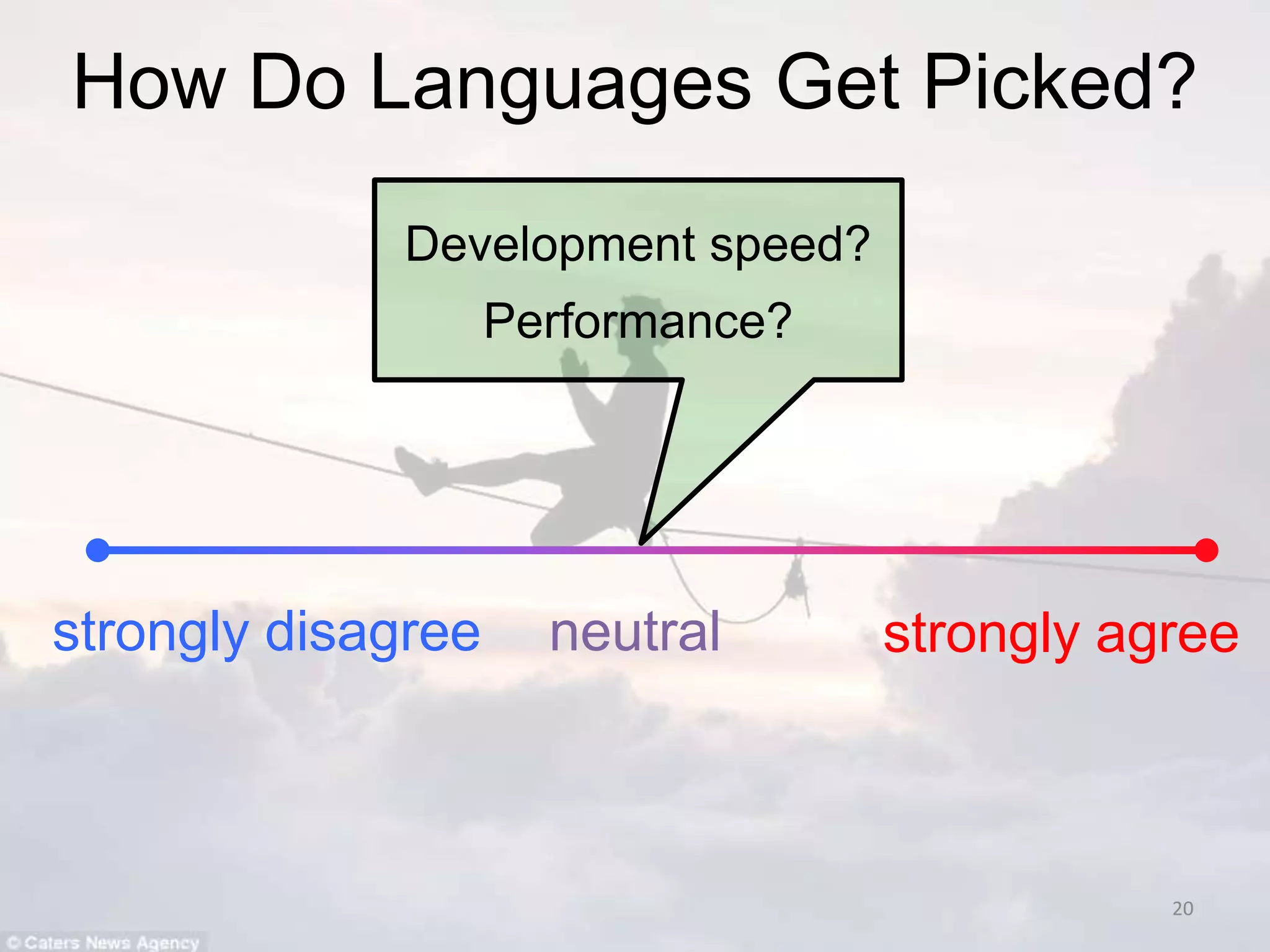How Do Languages Get Picked?
Development speed?

Performance?

strongly disagree

neutral

strongly agree

20

 