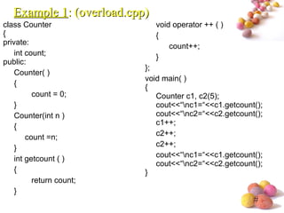 #
class Counter
{
private:
int count;
public:
Counter( )
{
count = 0;
}
Counter(int n )
{
count =n;
}
int getcount ( )
{
return count;
}
void operator ++ ( )
{
count++;
}
};
void main( )
{
Counter c1, c2(5);
cout<<“nc1=“<<c1.getcount();
cout<<“nc2=“<<c2.getcount();
c1++;
c2++;
c2++;
cout<<“nc1=“<<c1.getcount();
cout<<“nc2=“<<c2.getcount();
}
Example 1Example 1: (overload.cpp): (overload.cpp)
 
