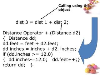 #
dist 3 = dist 1 + dist 2;
Distance Operator + (Distance d2)
{ Distance dd;
dd.feet = feet + d2.feet;
dd.inches = inches + d2. inches;
if (dd.inches >= 12.0)
{ dd.inches-=12.0; dd.feet++;}
return dd; }
Calling using this
object
 