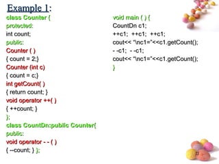 #
class Counterclass Counter {{
protected:protected:
int count;int count;
public:public:
Counter ( )Counter ( )
{ count = 2;}{ count = 2;}
Counter (int c)Counter (int c)
{ count = c;}{ count = c;}
int getCount( )int getCount( )
{ return count; }{ return count; }
void operator ++( )void operator ++( )
{ ++count; }{ ++count; }
};};
class CountDn:public Counterclass CountDn:public Counter{{
public:public:
void operator - - ( )void operator - - ( )
{ --count; }{ --count; } };};
void main ( ) {void main ( ) {
CountDn c1;CountDn c1;
++c1; ++c1; ++c1;++c1; ++c1; ++c1;
cout<< “nc1=”<<c1.getCount();cout<< “nc1=”<<c1.getCount();
- -c1; - -c1;- -c1; - -c1;
cout<< “nc1=”<<c1.getCount();cout<< “nc1=”<<c1.getCount();
}}
Example 1Example 1::
 