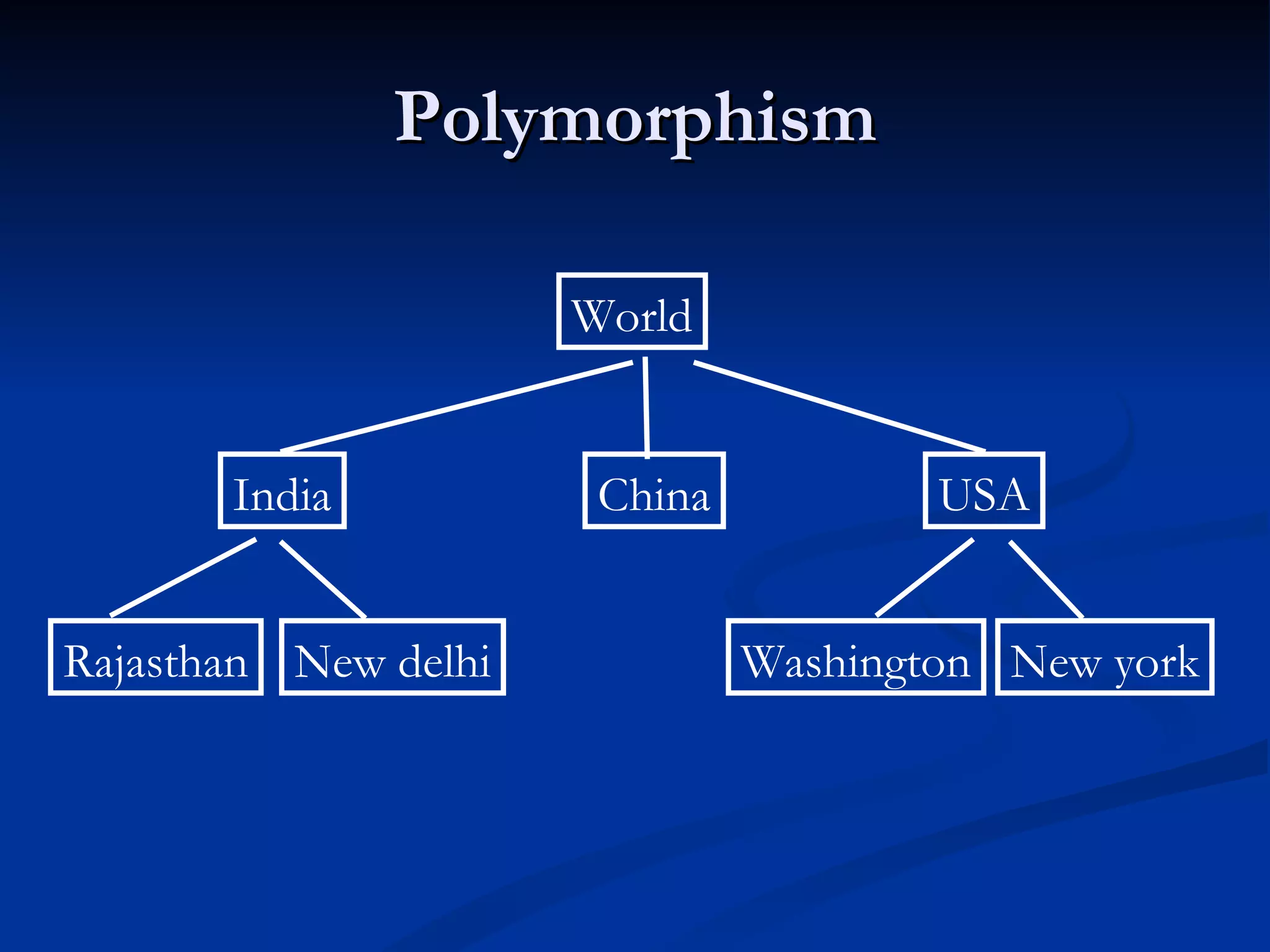 Polymorphism World India China USA Rajasthan New delhi Washington New york 