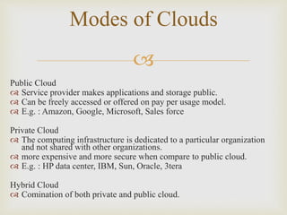 
Modes of Clouds
Public Cloud
 Service provider makes applications and storage public.
 Can be freely accessed or offered on pay per usage model.
 E.g. : Amazon, Google, Microsoft, Sales force
Private Cloud
 The computing infrastructure is dedicated to a particular organization
and not shared with other organizations.
 more expensive and more secure when compare to public cloud.
 E.g. : HP data center, IBM, Sun, Oracle, 3tera
Hybrid Cloud
 Comination of both private and public cloud.
 