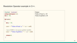 Resolution Operator example in C++.
#include <iostream>
using namespace std;
int a = 20;
int main()
{
int a = 10;
cout << "Value of local a: " << a << endl;
//use of SRO (::) to access global variable.
cout << "Value of global a: " << ::a << endl;
return 0;
}
Output
Value of local a: 10
Value of global a: 20
10
 