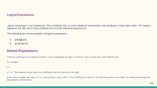 Logical Expressions
A logical expression is an expression that combines two or more relational expressions and produces a bool type value. The logical
operators are '&&' and '||' that combines two or more relational expressions.
The following are some examples of logical expressions:
1. a>b && x>y
2. a>10 || b==5
Bitwise Expressions
A bitwise expression is an expression which is used to manipulate the data at a bit level. They are basically used to shift the bits.
For example:
x=3
x>>3 // This statement means that we are shifting the three-bit position to the right.
In the above example, the value of 'x' is 3 and its binary value is 0011. We are shifting the value of 'x' by three-bit position to the right. Let's understand through the
diagrammatic representation.
100
 