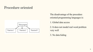 Procedure oriented
The disadvantage of the procedure
oriented programming languages is:
1. Global data access
2. It does not model real word problem
very well
3. No data hiding
6
 