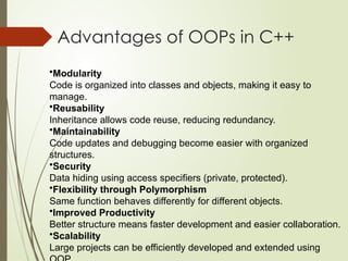 Advantages of OOPs in C++
•Modularity
Code is organized into classes and objects, making it easy to
manage.
•Reusability
Inheritance allows code reuse, reducing redundancy.
•Maintainability
Code updates and debugging become easier with organized
structures.
•Security
Data hiding using access specifiers (private, protected).
•Flexibility through Polymorphism
Same function behaves differently for different objects.
•Improved Productivity
Better structure means faster development and easier collaboration.
•Scalability
Large projects can be efficiently developed and extended using
 