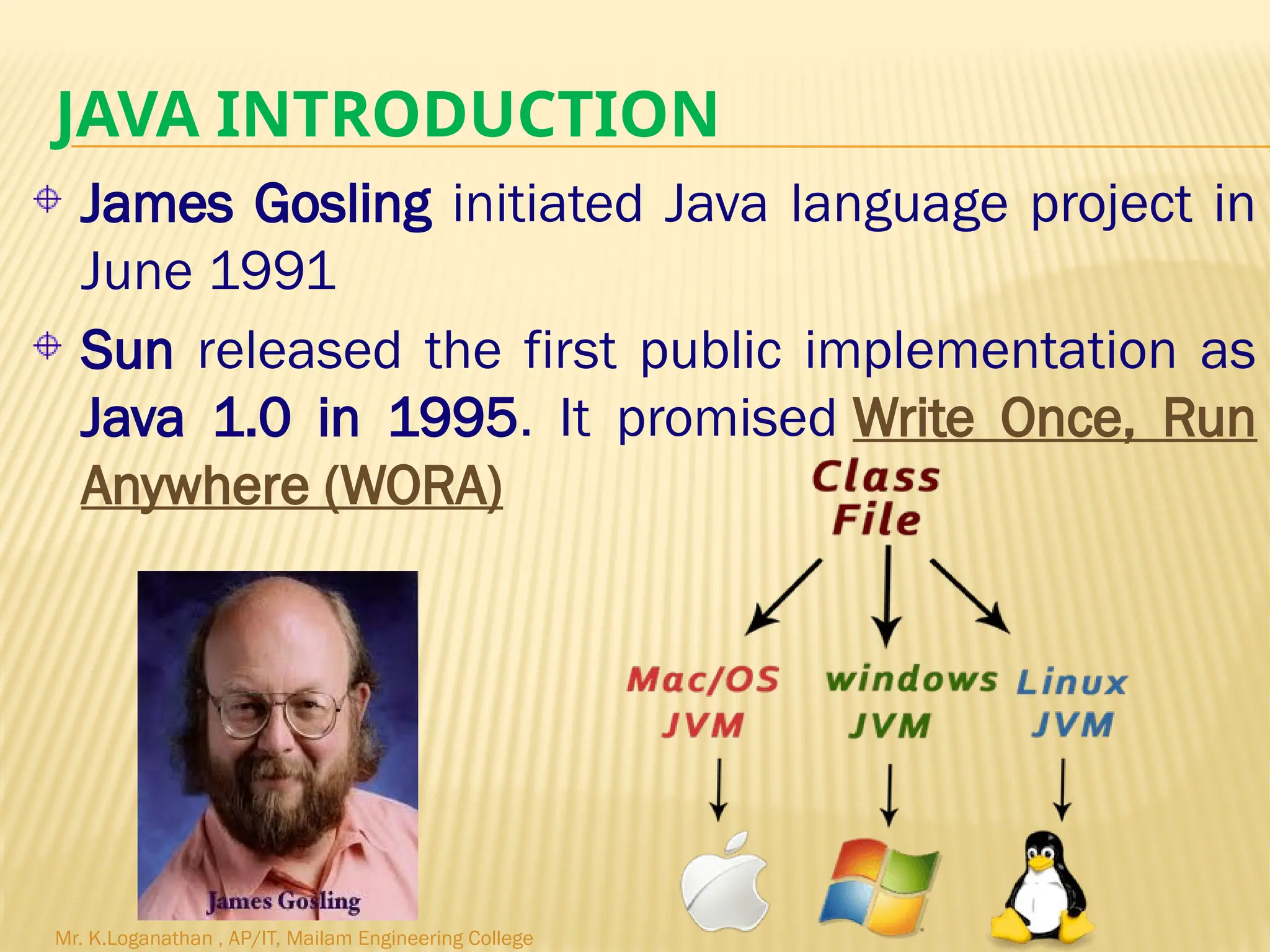 JAVA INTRODUCTION James Gosling initiated Java language project in June 1991 Sun released the first public implementation as Java 1.0 in 1995. It promised Write Once, Run Anywhere (WORA) Mr. K.Loganathan , AP/IT, Mailam Engineering College 