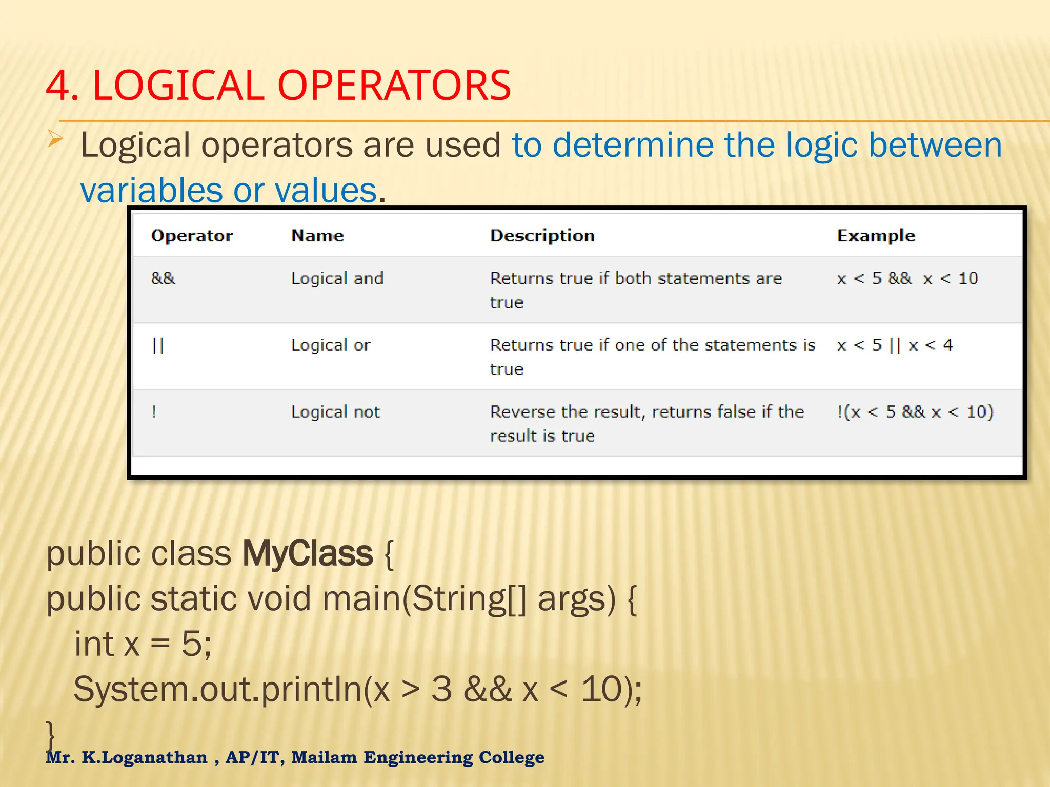 Mr. K.Loganathan , AP/IT, Mailam Engineering College 4. LOGICAL OPERATORS  Logical operators are used to determine the logic between variables or values. public class MyClass { public static void main(String[] args) { int x = 5; System.out.println(x > 3 && x < 10); } 