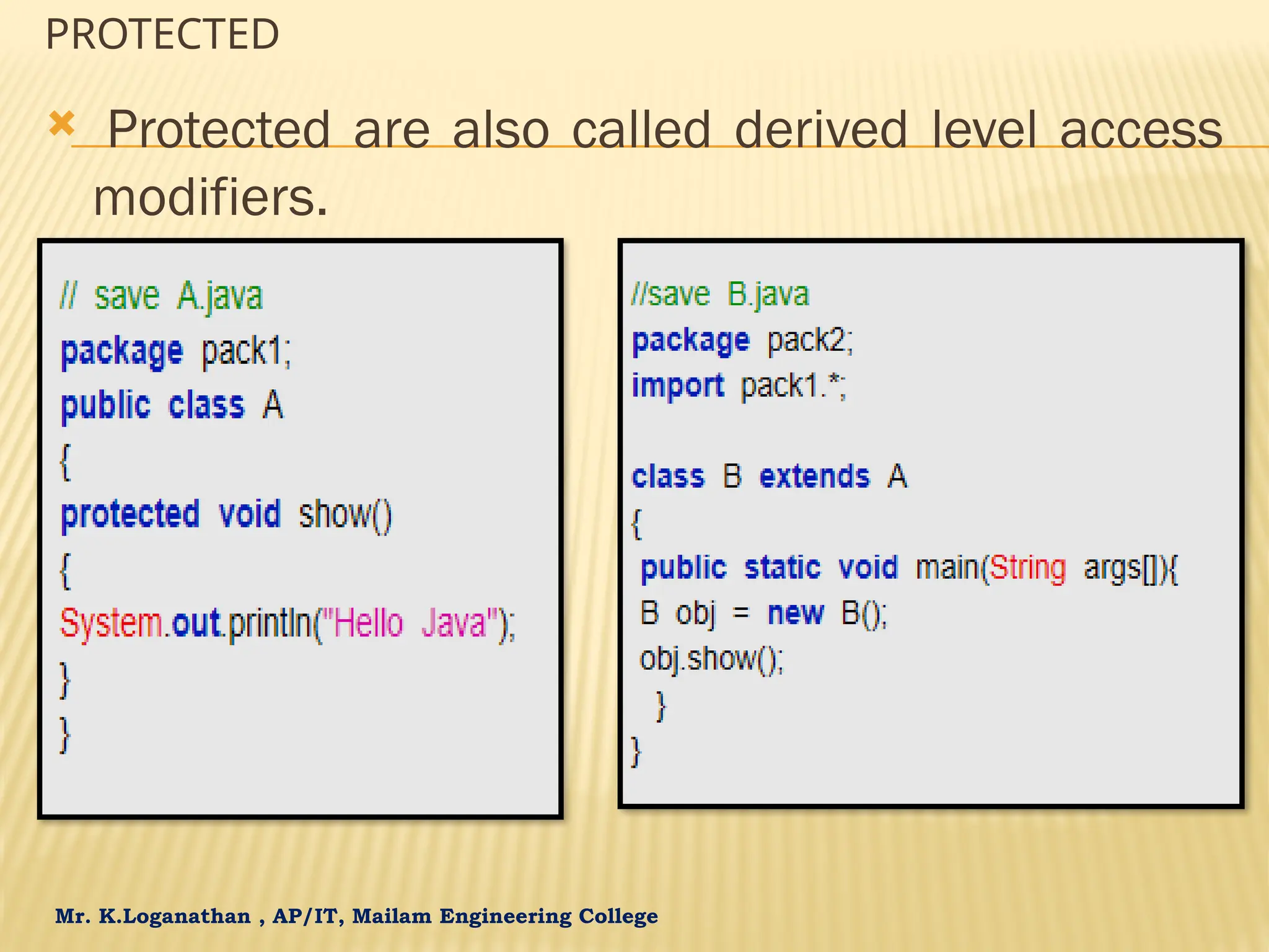 Mr. K.Loganathan , AP/IT, Mailam Engineering College PROTECTED  Protected are also called derived level access modifiers. 