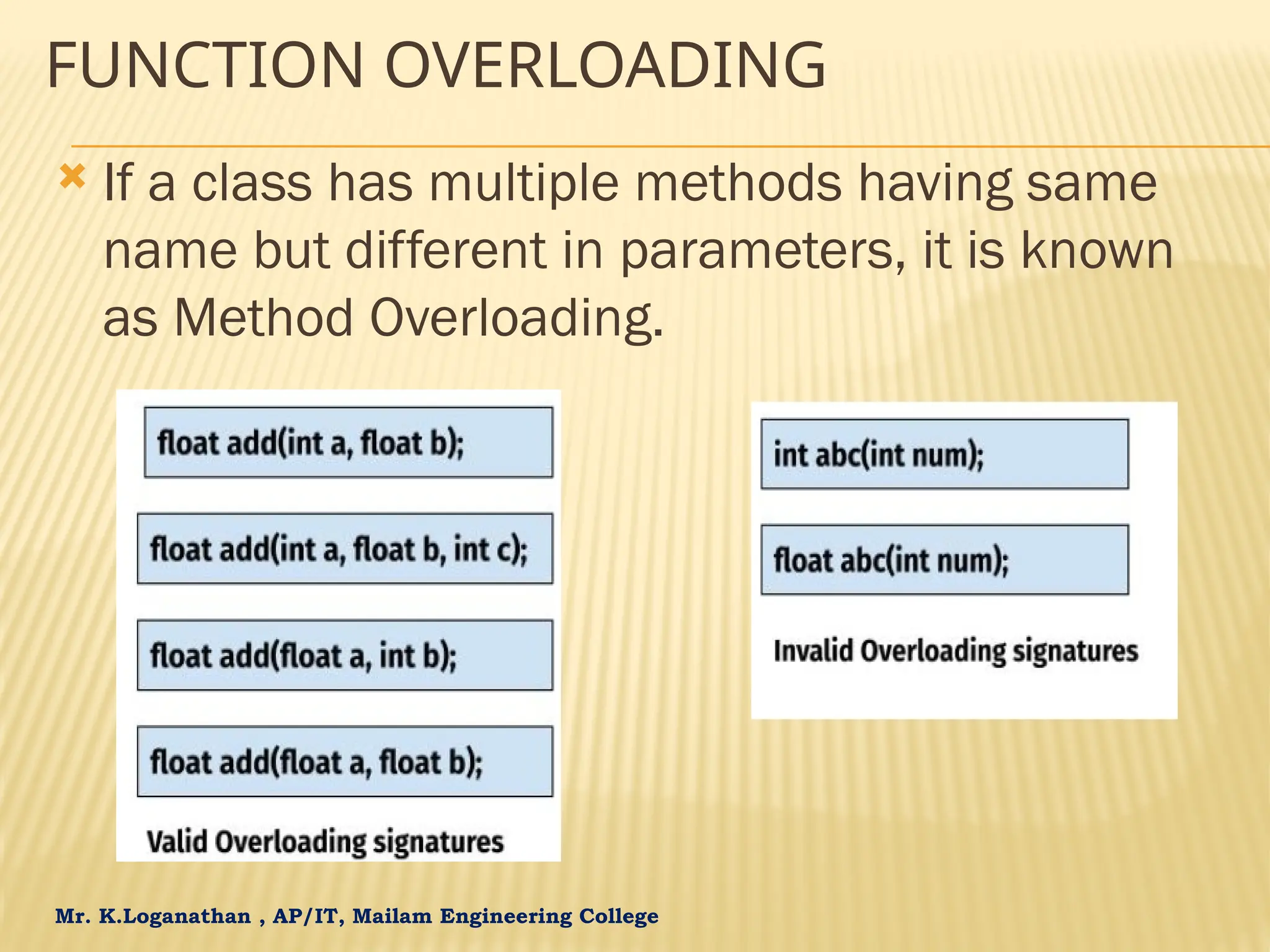 Mr. K.Loganathan , AP/IT, Mailam Engineering College FUNCTION OVERLOADING  If a class has multiple methods having same name but different in parameters, it is known as Method Overloading. 