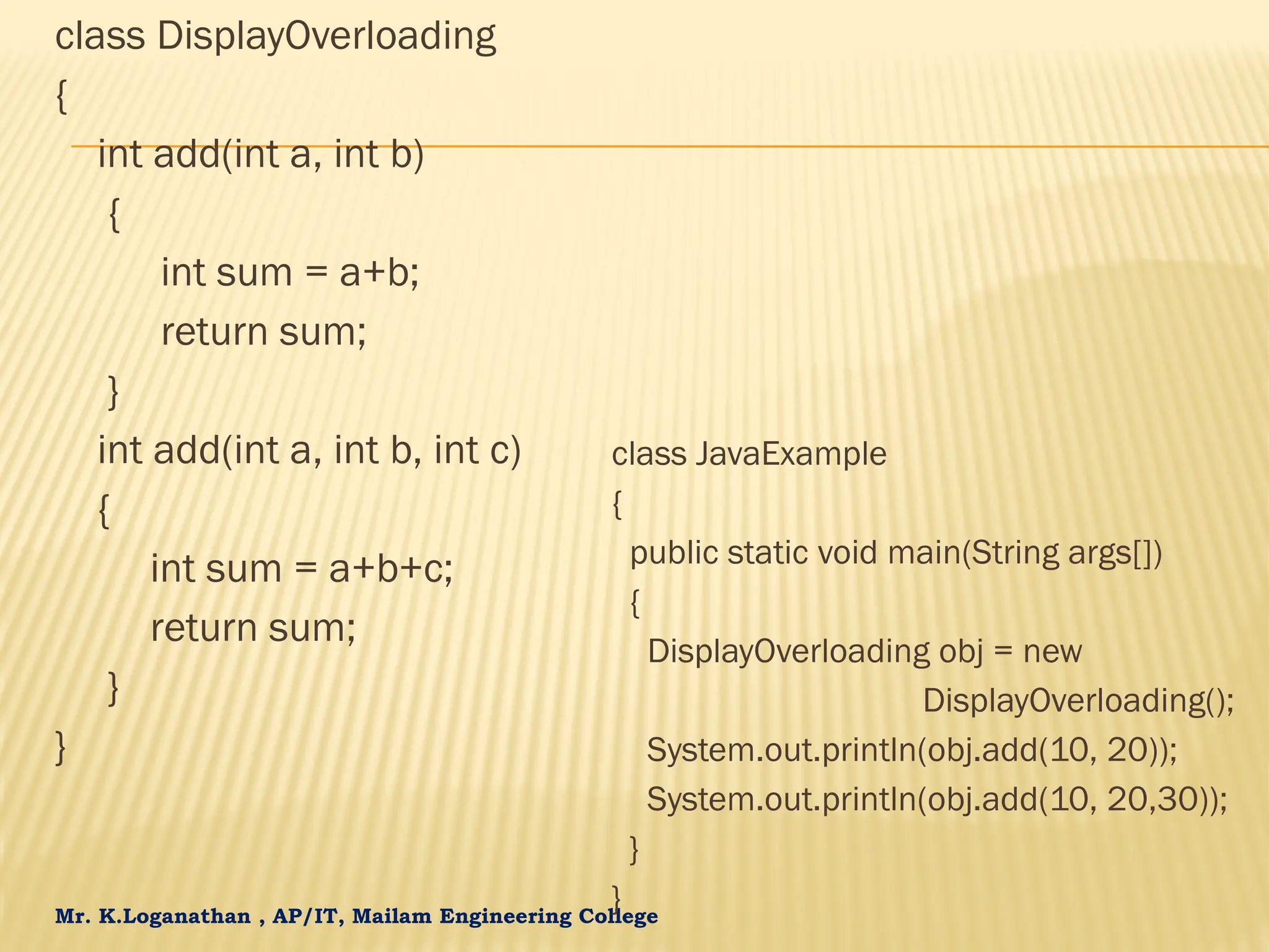 Mr. K.Loganathan , AP/IT, Mailam Engineering College class DisplayOverloading { int add(int a, int b) { int sum = a+b; return sum; } int add(int a, int b, int c) { int sum = a+b+c; return sum; } } class JavaExample { public static void main(String args[]) { DisplayOverloading obj = new DisplayOverloading(); System.out.println(obj.add(10, 20)); System.out.println(obj.add(10, 20,30)); } } 