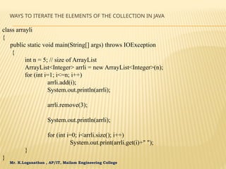 Mr. K.Loganathan , AP/IT, Mailam Engineering College
WAYS TO ITERATE THE ELEMENTS OF THE COLLECTION IN JAVA
class arrayli
{
public static void main(String[] args) throws IOException
{
int n = 5; // size of ArrayList
ArrayList<Integer> arrli = new ArrayList<Integer>(n);
for (int i=1; i<=n; i++)
arrli.add(i);
System.out.println(arrli);
arrli.remove(3);
System.out.println(arrli);
for (int i=0; i<arrli.size(); i++)
System.out.print(arrli.get(i)+" ");
}
}
 
