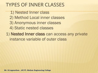 Mr. K.Loganathan , AP/IT, Mailam Engineering College
TYPES OF INNER CLASSES
1) Nested Inner class
2) Method Local inner classes
3) Anonymous inner classes
4) Static nested classes
1) Nested Inner class can access any private
instance variable of outer class
 