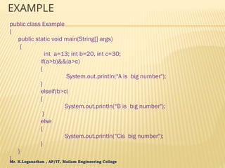 Mr. K.Loganathan , AP/IT, Mailam Engineering College
EXAMPLE
public class Example
{
public static void main(String[] args)
{
int a=13; int b=20, int c=30;
if(a>b)&&(a>c)
{
System.out.println(“A is big number");
}
elseif(b>c)
{
System.out.println(“B is big number");
}
else
{
System.out.println(“Cis big number");
}
}
}
 
