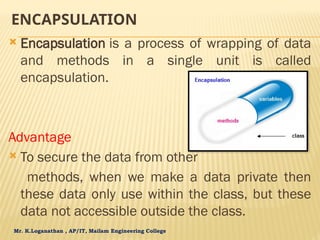 Mr. K.Loganathan , AP/IT, Mailam Engineering College
ENCAPSULATION
 Encapsulation is a process of wrapping of data
and methods in a single unit is called
encapsulation.
Advantage
 To secure the data from other
methods, when we make a data private then
these data only use within the class, but these
data not accessible outside the class.
 