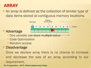 Mr. K.Loganathan , AP/IT, Mailam Engineering College
ARRAY
 An array is defined as the collection of similar type of
data items stored at contiguous memory locations.
 Advantage
 One variable can store multiple value
 Code Optimization
 Random access
 Disadvantage
Once we declare array there is no chance to increase
and decrease the size of an array according to our
requirement,
 