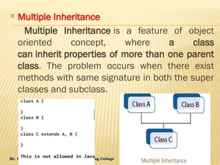 Mr. K.Loganathan , AP/IT, Mailam Engineering College
 Multiple Inheritance
Multiple Inheritance is a feature of object
oriented concept, where a class
can inherit properties of more than one parent
class. The problem occurs when there exist
methods with same signature in both the super
classes and subclass.
 