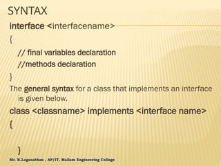 Mr. K.Loganathan , AP/IT, Mailam Engineering College
SYNTAX
interface <interfacename>
{
// final variables declaration
//methods declaration
}
The general syntax for a class that implements an interface
is given below.
class <classname> implements <interface name>
{
}
 