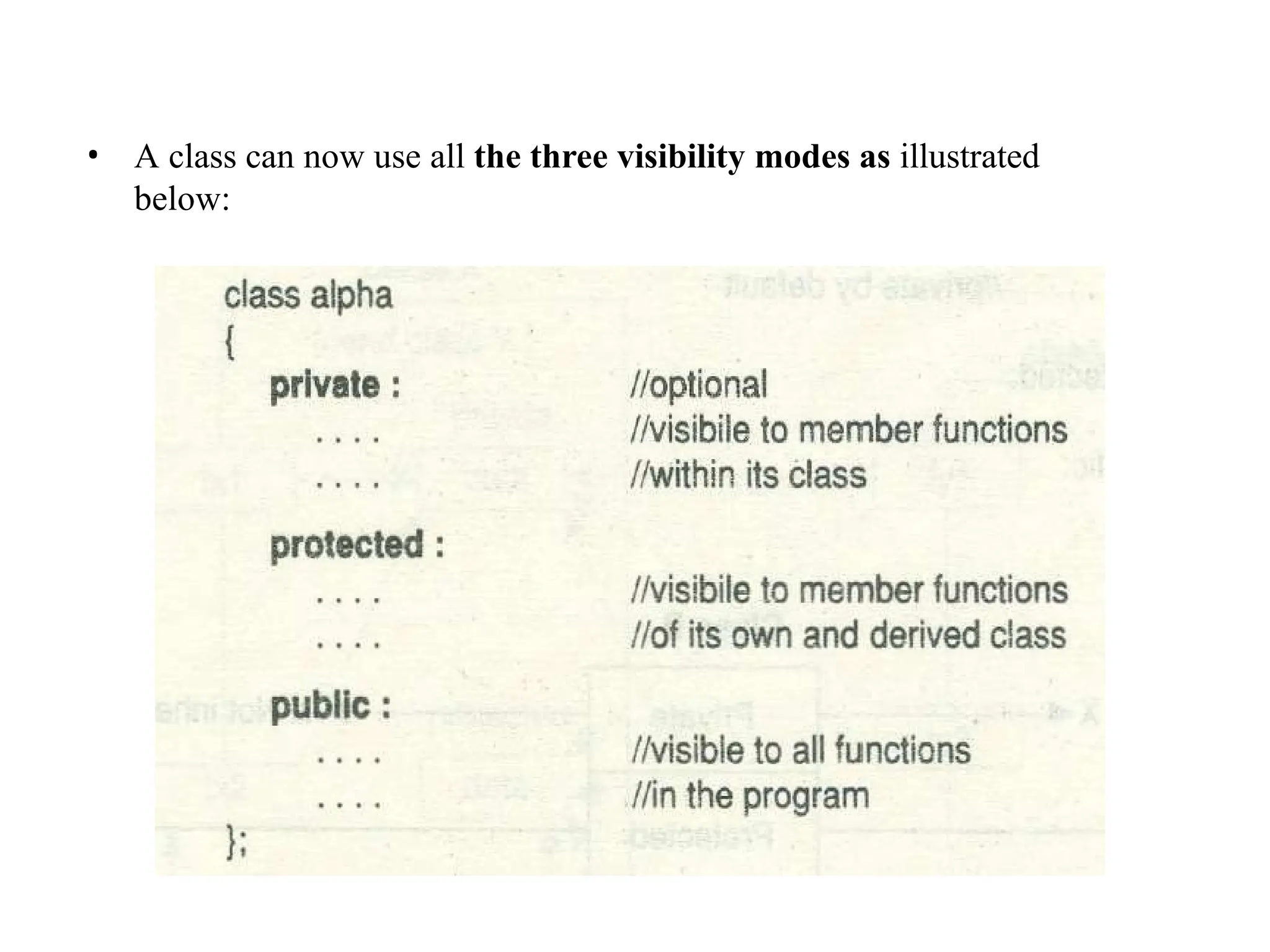 • A class can now use all the three visibility modes as illustrated
below:
 