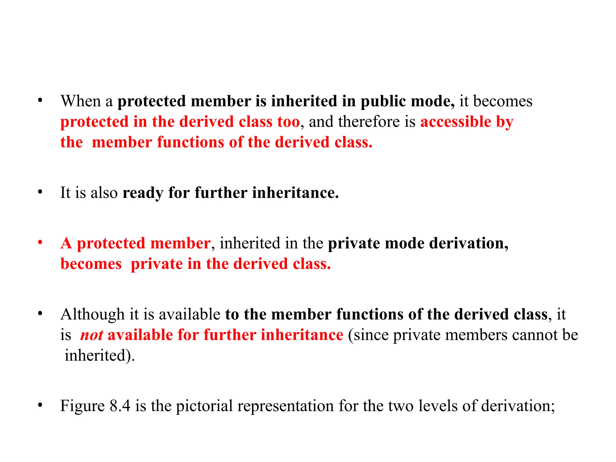 • When a protected member is inherited in public mode, it becomes
protected in the derived class too, and therefore is accessible by
the member functions of the derived class.
• It is also ready for further inheritance.
• A protected member, inherited in the private mode derivation,
becomes private in the derived class.
• Although it is available to the member functions of the derived class, it
is not available for further inheritance (since private members cannot be
inherited).
• Figure 8.4 is the pictorial representation for the two levels of derivation;
 