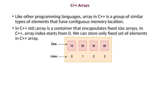 C++ Arrays
• Like other programming languages, array in C++ is a group of similar
types of elements that have contiguous memory location.
• In C++ std::array is a container that encapsulates fixed size arrays. In
C++, array index starts from 0. We can store only fixed set of elements
in C++ array.
 