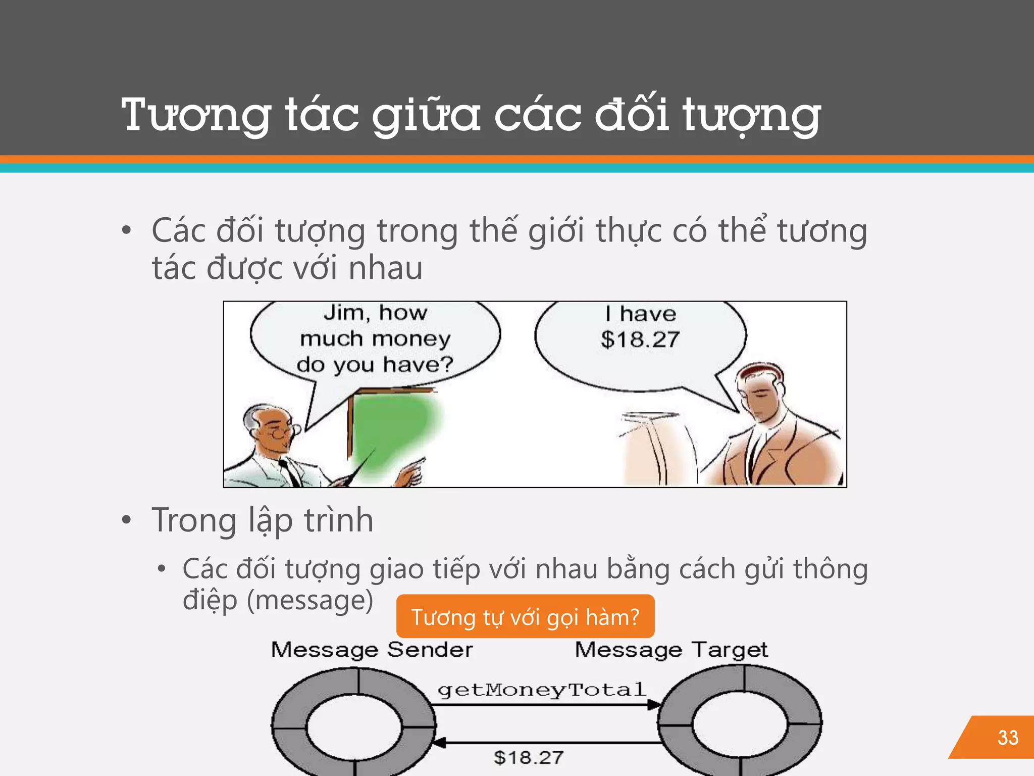 33
Tương tác giữa các đối tượng
• Các đối tượng trong thế giới thực có thể tương
tác được với nhau
• Trong lập trình
• Các đối tượng giao tiếp với nhau bằng cách gửi thông
điệp (message)
Tương tự với gọi hàm?
 