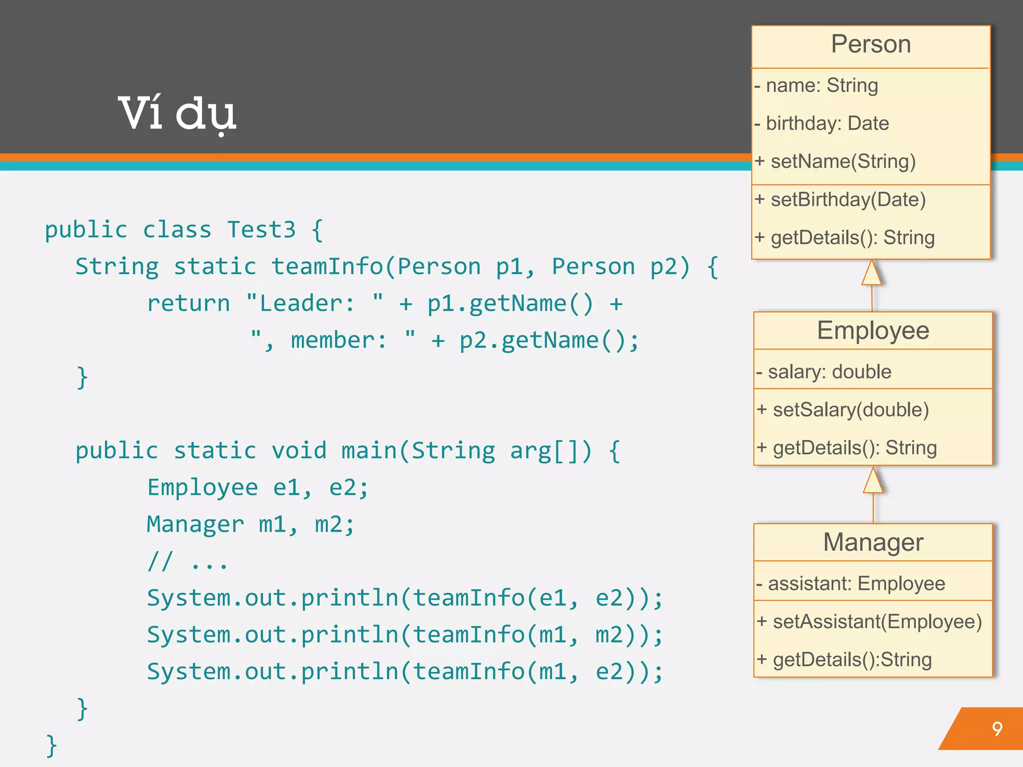9
Ví dụ
public class Test3 {
String static teamInfo(Person p1, Person p2) {
return "Leader: " + p1.getName() +
", member: " + p2.getName();
}
public static void main(String arg[]) {
Employee e1, e2;
Manager m1, m2;
// ...
System.out.println(teamInfo(e1, e2));
System.out.println(teamInfo(m1, m2));
System.out.println(teamInfo(m1, e2));
}
}
Person
- name: String
- birthday: Date
+ setName(String)
+ setBirthday(Date)
+ getDetails(): String
Employee
- salary: double
+ setSalary(double)
+ getDetails(): String
Manager
- assistant: Employee
+ setAssistant(Employee)
+ getDetails():String
 