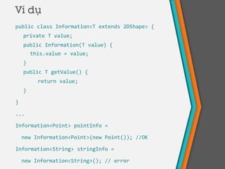 Ví dụ
public class Information<T extends 2DShape> {
private T value;
public Information(T value) {
this.value = value;
}
public T getValue() {
return value;
}
}
...
Information<Point> pointInfo =
new Information<Point>(new Point()); //OK
Information<String> stringInfo =
new Information<String>(); // error
 