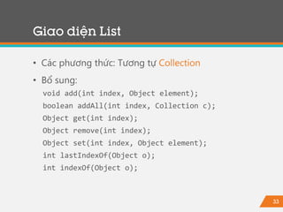 33
Giao diện List
• Các phương thức: Tương tự Collection
• Bổ sung:
void add(int index, Object element);
boolean addAll(int index, Collection c);
Object get(int index);
Object remove(int index);
Object set(int index, Object element);
int lastIndexOf(Object o);
int indexOf(Object o);
 