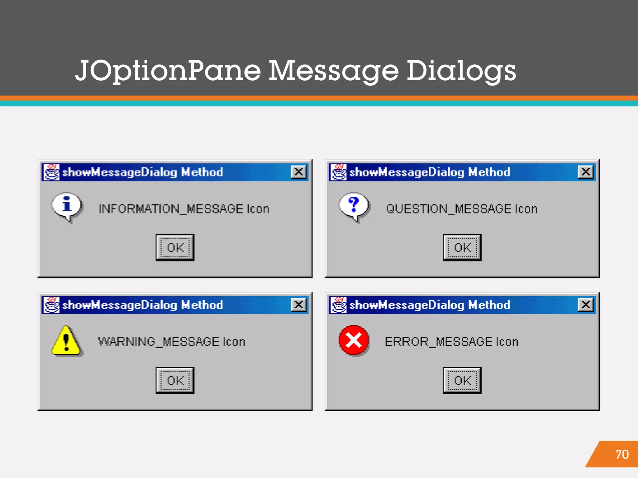 70
JOptionPane Message Dialogs
 