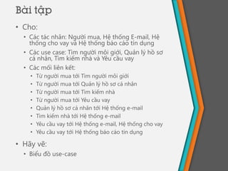 • Cho:
• Các tác nhân: Người mua, Hệ thống E-mail, Hệ
thống cho vay và Hệ thống báo cáo tín dụng
• Các use case: Tìm người môi giới, Quản lý hồ sơ
cá nhân, Tìm kiếm nhà và Yêu cầu vay
• Các mối liên kết:
• Từ người mua tới Tìm người môi giới
• Từ người mua tới Quản lý hồ sơ cá nhân
• Từ người mua tới Tìm kiếm nhà
• Từ người mua tới Yêu cầu vay
• Quản lý hồ sơ cá nhân tới Hệ thống e-mail
• Tìm kiếm nhà tới Hệ thống e-mail
• Yêu cầu vay tới Hệ thống e-mail, Hệ thống cho vay
• Yêu cầu vay tới Hệ thống báo cáo tín dụng
• Hãy vẽ:
• Biểu đồ use-case
Bài tập
 