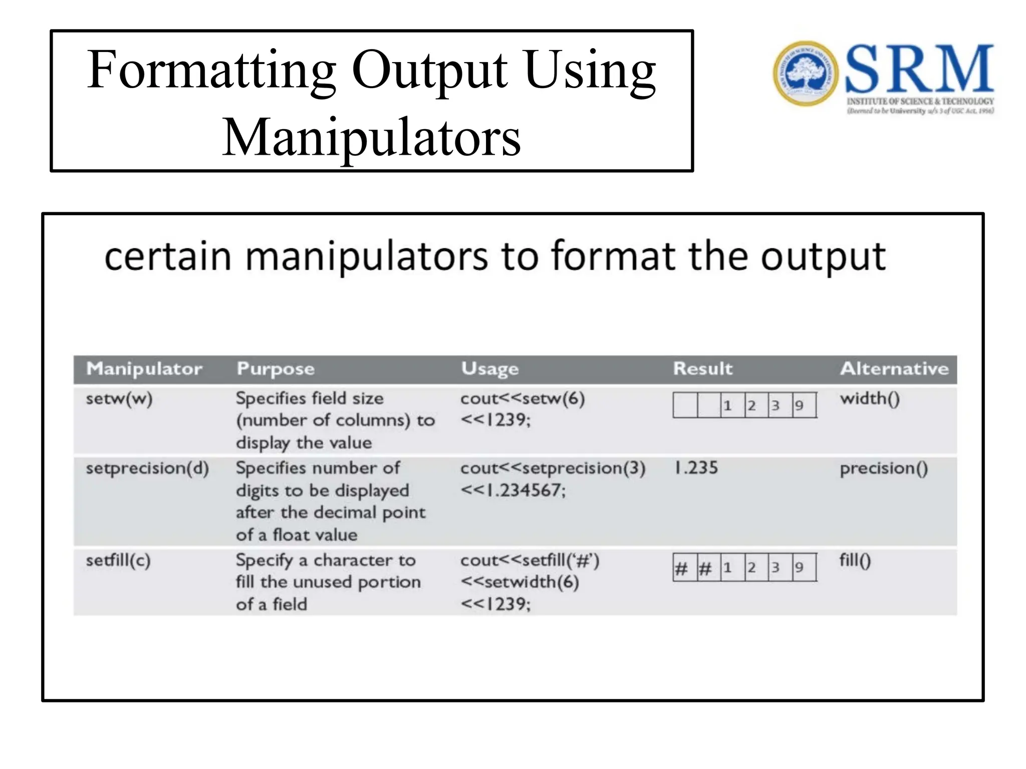Formatting Output Using Manipulators 