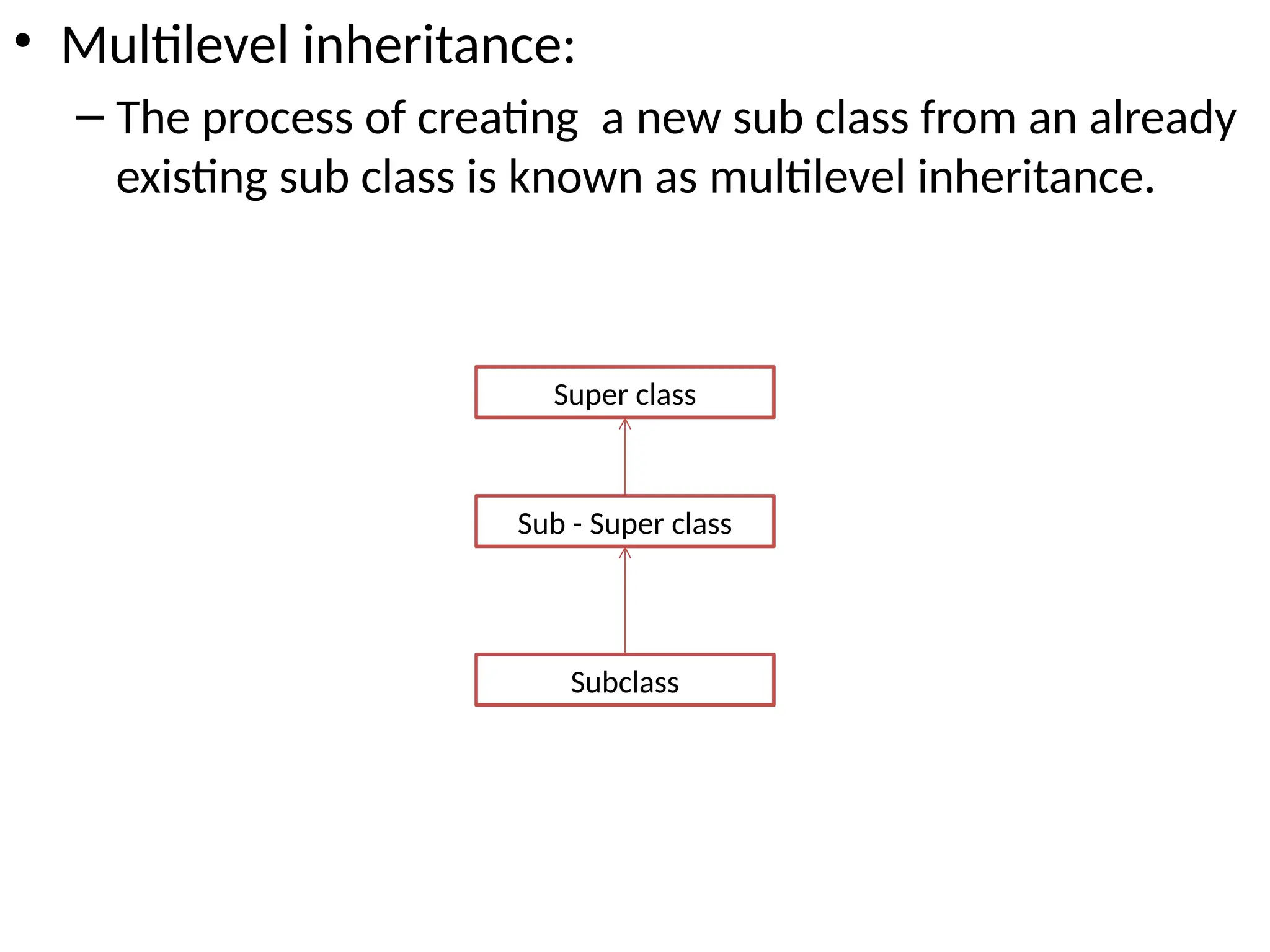 • Multilevel inheritance:
– The process of creating a new sub class from an already
existing sub class is known as multilevel inheritance.
Super class
Subclass
Sub - Super class
 